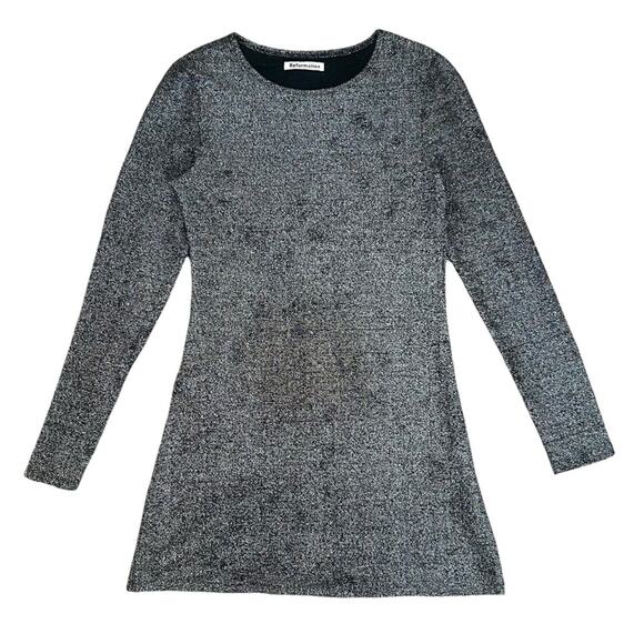 Reformation Women’s Riley Long Sleeve Metallic Silver Black Glitter Mini Dress M - Picture 3 of 16